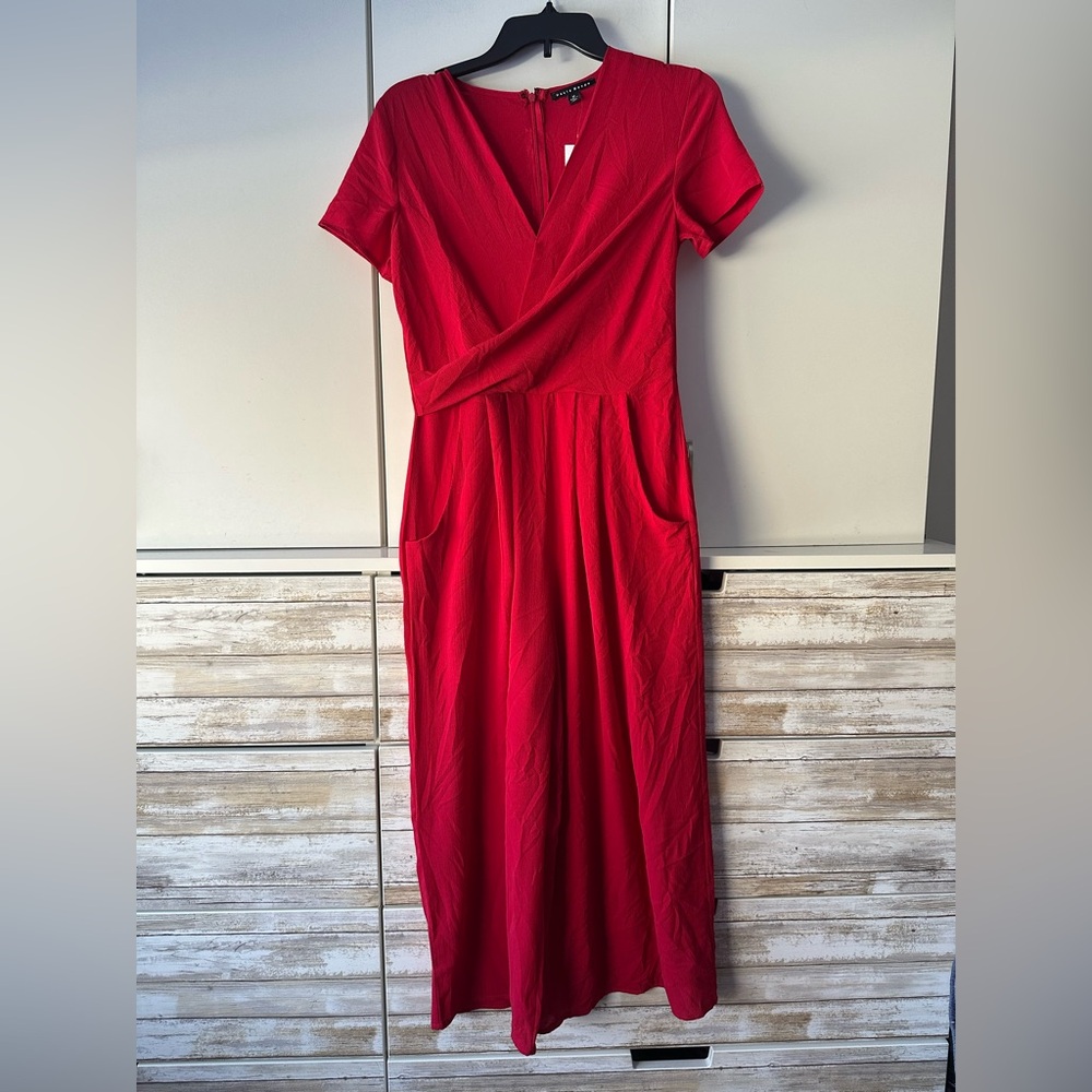 ❤️ Haute Monde Red Faux Wrap Jumpsuit Wide Leg Pockets Size M